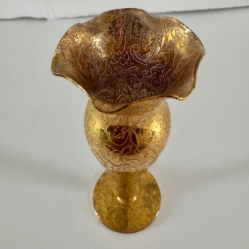 Vintage Gold Encrusted Etched Floral Glass Bud Vase Ruffled Rim Pedestal - Picture 3 of 4